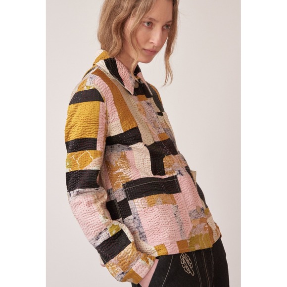 Ssōne Jackets & Blazers - Ssōne Kantha Jacket Women 14 Yellow Cream Boho Quilted Patchwork Chore Button Up